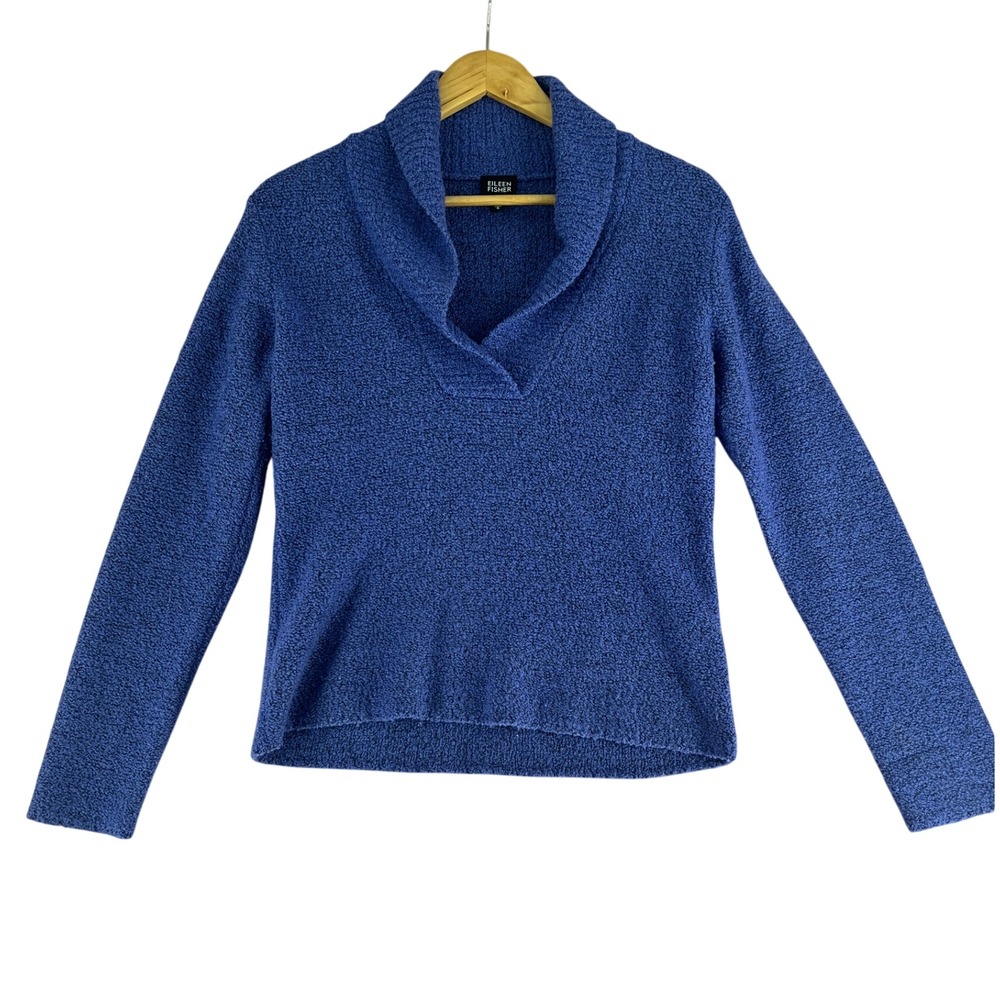 Eileen Fisher Purple Blue Merino Wool Cashmere Shawl Collar Boucle Sweater Small